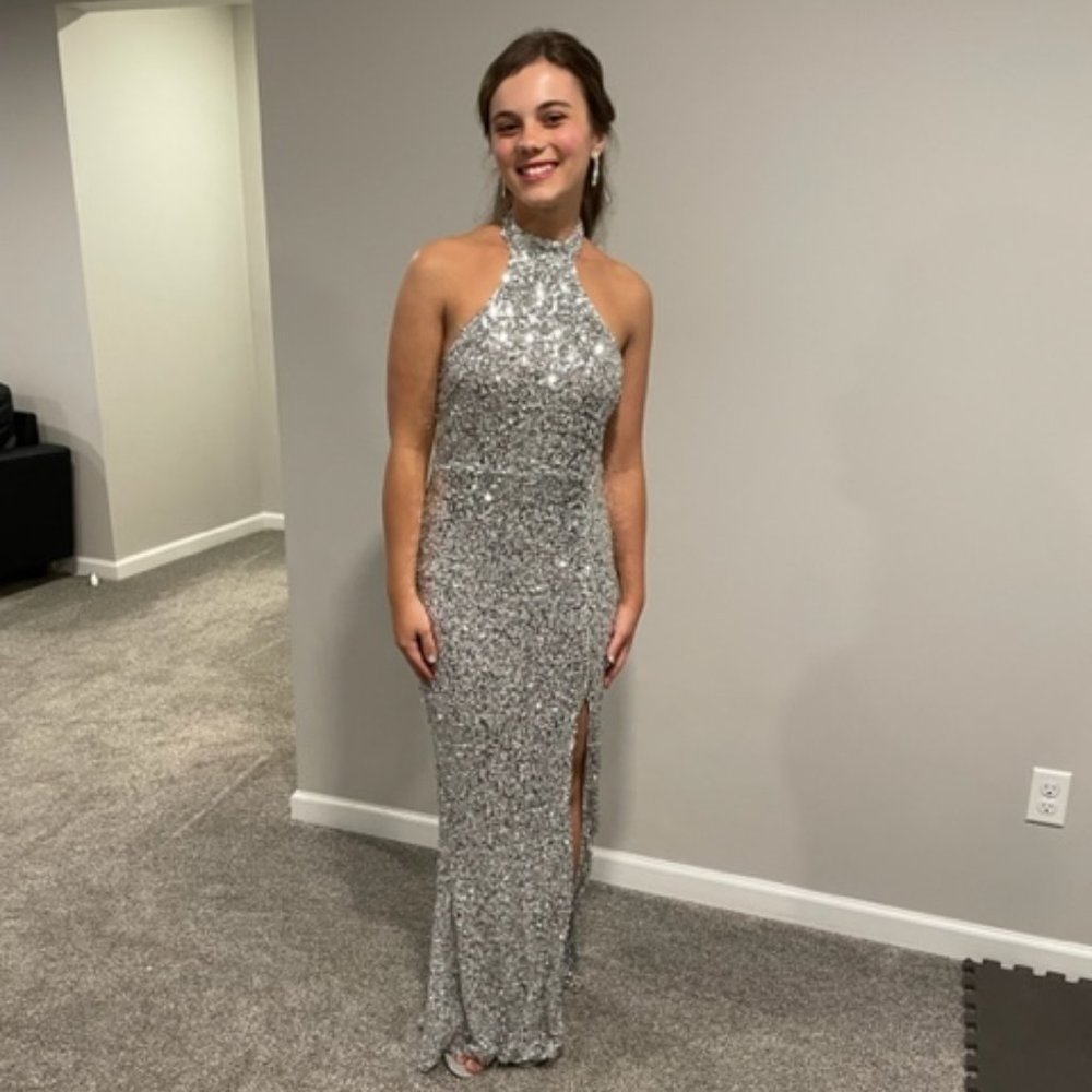 Formal Silver Sequin Halter Dress